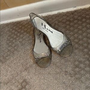 Nina Women's Silver Peep-Toe Flats